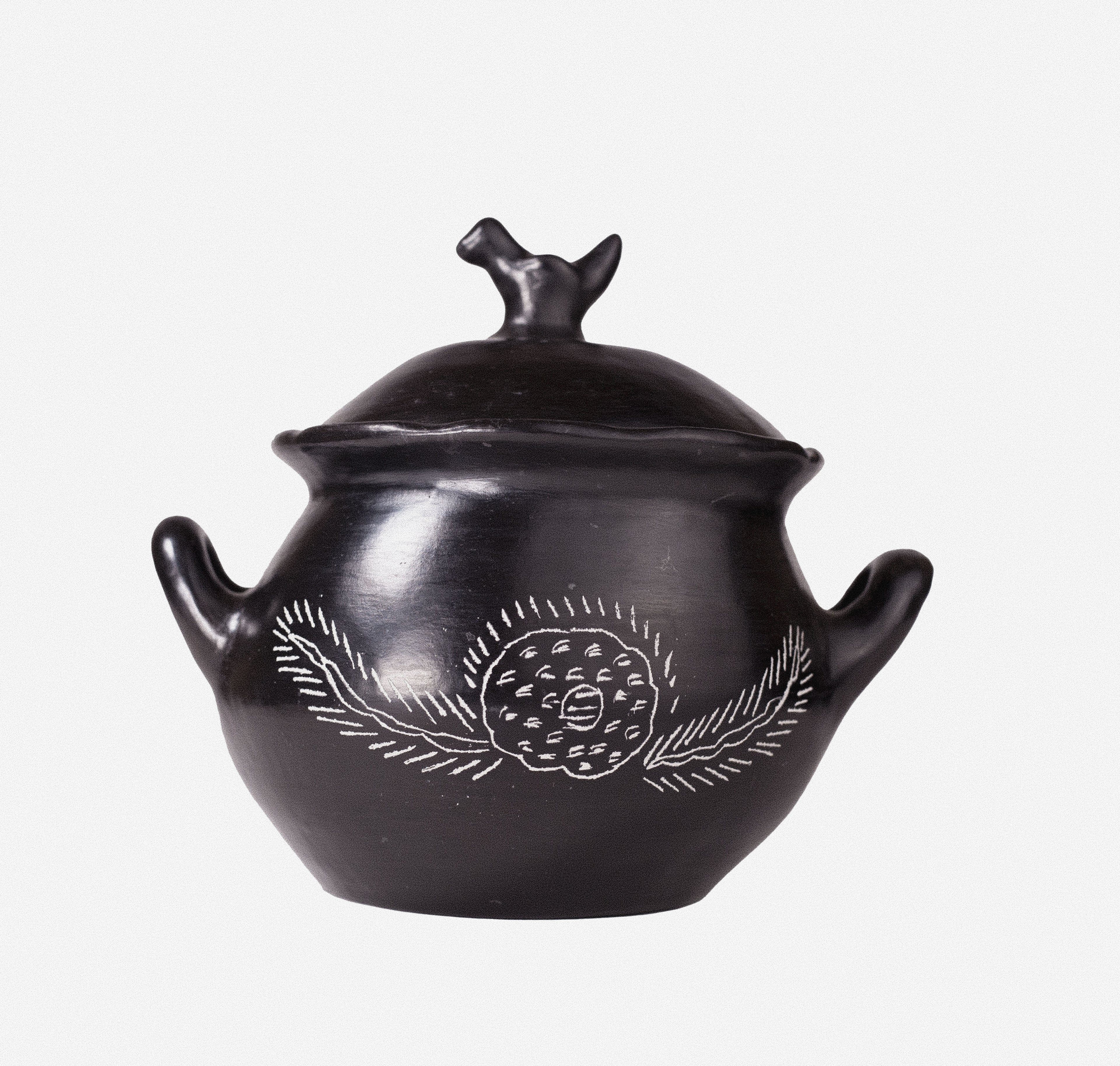 Olla de cerámica negra con flor